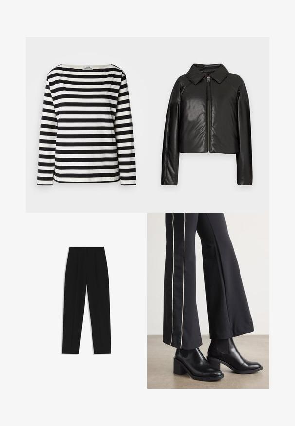 Svart imitationläder kortjacka med krage och dragkedjestängning. Har långa ärmar och en slät, glänsande yta.; Svart och vit randig långärmad topp med en vid halsringning. Tillverkad av mjukt tyg, med jämna horisontella ränder och sydda fållar.; Svarta byxor med rak passform, med dubbla fickor, en slät yta och en klassisk midje-design. Ingen synlig hårdvara eller detaljer.; Svarta läderankelboots med klack, med elastiska sidopaneler. I kombination med svarta byxor som har en vit sidostrip.