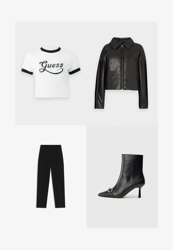 Zwarte faux leren cropped jack met een kraag en ritssluiting. Heeft lange mouwen en een soepele, glanzende textuur.; Witte cropped t-shirt met zwarte geribde kraag en mouwranden. Bevat het "Guess" logo in vet zwart schrift aan de voorkant. Soepele textuur.; Zwarte broeken met een rechte pasvorm, voorzien van dubbele plooien, een zachte textuur en een klassiek taillebandontwerp. Geen zichtbare hardware of accenten.; Zwarte leren enkelboot met spitse neus, slanke middenhoge hak en zilveren gespdetail aan de zijkant op een effen achtergrond.