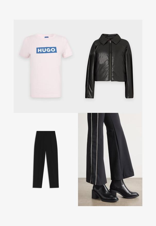 Sort kunstlæder cropped jakke med krave og lynlåslukning. Har lange ærmer og en glat, blank tekstur.; Lyserød bomulds t-shirt med et blåt rektangulært logo, hvor ordet "HUGO" står i hvidt. Standard rund halslinning og korteærmer.; Sorte bukser med lige pasform, der har dobbelte folder, en glat tekstur og et klassisk taljedesign. Ingen synlige hardware eller accenter.; Sorte læder ankelstøvler med blokhæle, udstyret med elastiske sidepaneler. Kombineret med sorte bukser, der har en hvid side stripe.