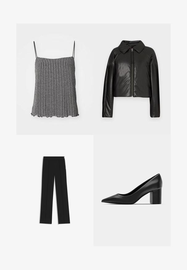 Schwarze Kunstleder-Cropped-Jacke mit Kragen und Reißverschluss. Mit langen Ärmeln und glatter, glänzender Textur.; Schwarz- und silbergestreifter Camisole mit dünnen verstellbaren Trägern, aus einem weichen, strukturierten Stoff mit einer gewellten Saumlinie.; Schwarze weite Hosen mit zwei vorderen Falten, elastischem Taillenbund und seitlichen Reißverschlüssen als Detail. Glatte Textur und minimalistisches Design.; Schwarze Lederpumps mit spitzem Zehenbereich und einem klobigen quadratischen Absatz. Glatte Textur, einfaches Design, geeignet für formelle Anlässe.
