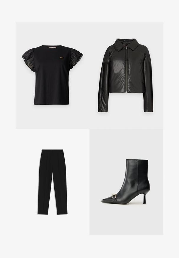 Schwarze Kunstleder-Cropped-Jacke mit Kragen und Reißverschluss. Mit langen Ärmeln und glatter, glänzender Textur.; Schwarzes T-Shirt mit kurzen, durchsichtigen Volantärmeln und einem dezenten metallischen Muster, das ein kleines goldenes Logo auf der Brust aufweist.; Schwarze Hose mit geradem Schnitt, doppelten Falten, einer glatten Textur und einem klassischen Bunddesign. Keine sichtbaren Beschläge oder Akzente.; Schwarze Leder-Stiefelette mit spitzer Zehe, schlankem, mittelhohem Absatz und silberner Schnalle seitlich vor einem schlichten Hintergrund.