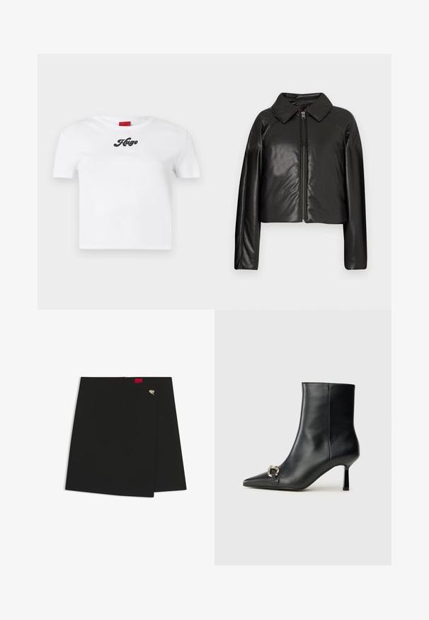 Čierna koženková skrátená bunda s golierom a zipsovým uzáverom. Má dlhé rukávy a hladký, lesklý povrch.; Biele bavlnené tričko s krátkym rukávom, s oble šitým výstrihom a čiernym nápisom "Hugo" v strede. Hladká textúra, jednoduchý dizajn.; Čierna sukňa s návinom a hladkým povrchom, so červeným logom a strieborným kovovým detailom. Jednoduchý dizajn s čistými líniami.; Čierna kožená členková obuv s špicatou špičkou, štíhlým stredne vysokým podpätkom a striebornou sponou na boku na jednoduchom pozadí.