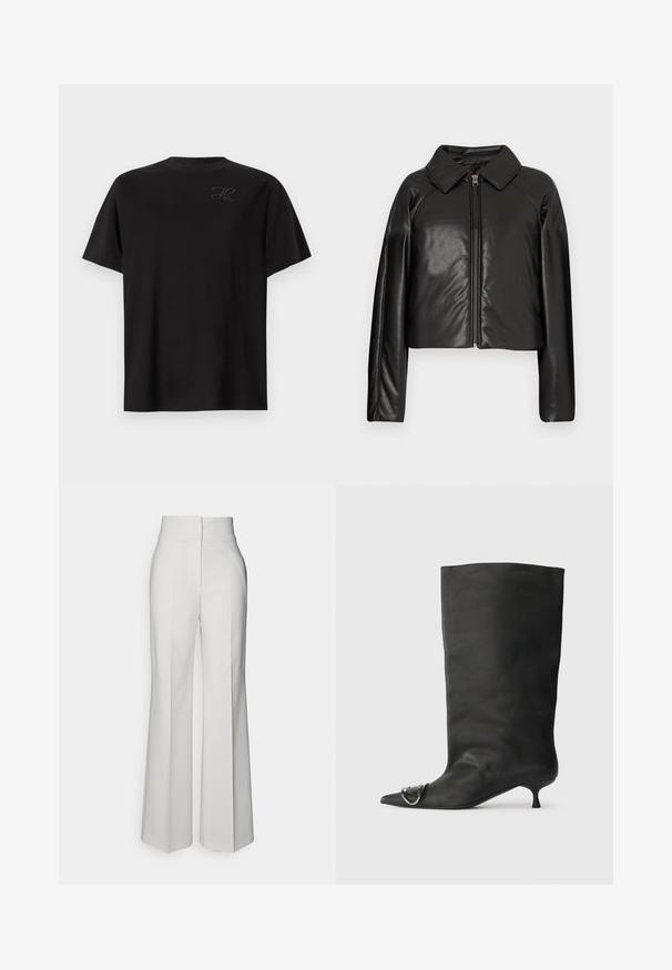 Jachetă cropped din faux leather negru, cu guler și închidere cu fermoar. Prezintă mâneci lungi și o textură netedă, lucioasă.; T-shirt negru din bumbac, design cu gât rotund, cu mâneci scurte, având un logo tonal mic în partea superioară stângă. Textură netedă.; Pantaloni albi cu picioare largi și talie înaltă, dintr-un material neted, având detalii de pliere în față și linii curate.; Botină neagră din piele cu vârf ascuțit, toc mic și detaliu metalic pe vârf. Textură netedă, mată pe întreaga suprafață.