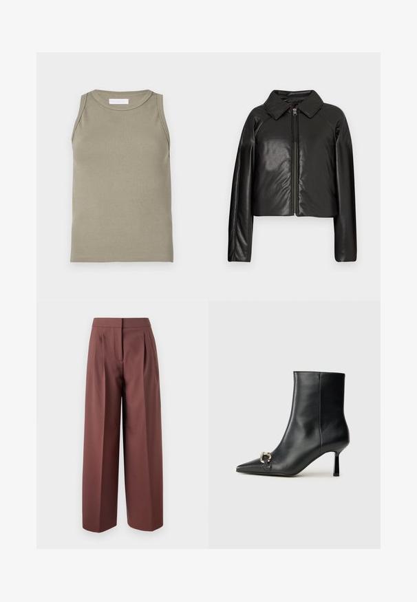 Schwarze Kunstleder-Cropped-Jacke mit Kragen und Reißverschluss. Mit langen Ärmeln und glatter, glänzender Textur.; Geripptes Tanktop in Olivgrün mit rundem Halsausschnitt und ärmellosem Design. Hergestellt aus weichem, dehnbarem Material mit figurbetonter Passform.; Braune weite Hose mit hoher Taille, versehen mit Falten an der Vorderseite, maßgeschneiderter Schnitt und glatter Stoffoberfläche.; Schwarze Leder-Stiefelette mit spitzer Zehe, schlankem, mittelhohem Absatz und silberner Schnalle seitlich vor einem schlichten Hintergrund.