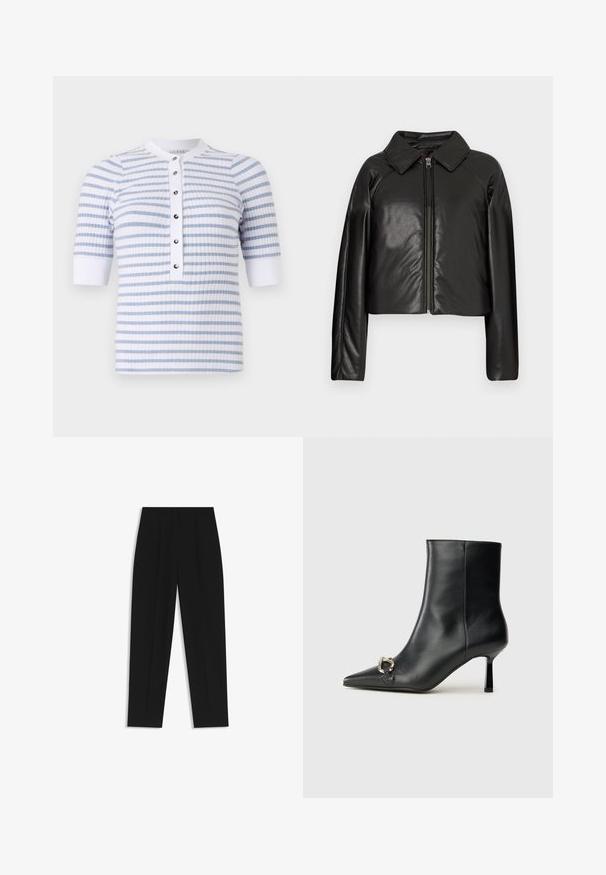 Zwarte faux leren cropped jack met een kraag en ritssluiting. Heeft lange mouwen en een soepele, glanzende textuur.; Witte en lichtblauwe gestreepte T-shirt met korte mouwen en ronde hals, met een voorovertrek met knopen en een geribbelde structuur.; Zwarte broeken met een rechte pasvorm, voorzien van dubbele plooien, een zachte textuur en een klassiek taillebandontwerp. Geen zichtbare hardware of accenten.; Zwarte leren enkelboot met spitse neus, slanke middenhoge hak en zilveren gespdetail aan de zijkant op een effen achtergrond.