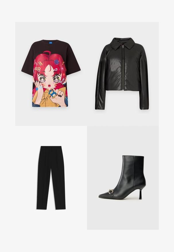 Mustat tekonahkaiset lyhyet takit, joissa on kauluksessa oleva kaulus ja vetoketjukiinnitys. Ominaisuuksiin kuuluu pitkät hihat ja sileä, kiiltävä pinta.; Mustat ylisuuret t-paidat, joissa on eläväinen grafiikka punahiuksisesta hahmosta, tähdistä ja värikkäistä asusteista. Lyhyet hihat, pyöreä pääntie.; Mustat housut suoran istuvuuden kanssa, joissa on kaksinkertaiset laskokset, sileä pinta ja klassinen vyötärönauhan muotoilu. Ei näkyviä metalliosia tai koristeita.; Musta nahkasaapas nilkkapituisilla, terävillä kärjillä, hoikalla keskipituisella korolla ja hopeavöillä sivussa yksinkertaista taustaa vasten.