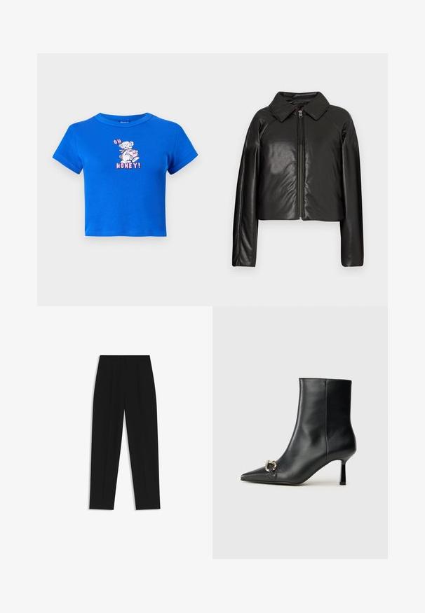 Black faux leather cropped jacket with a collared neckline and zip closure. Features long sleeves and smooth, glossy texture.; Blue cropped t-shirt made of cotton, featuring a front graphic of a bear and the text "OH HONEY!" in pink. Short sleeves and crew neckline.; Black trousers with a straight fit, featuring double pleats, a smooth texture, and a classic waistband design. No visible hardware or accents.; Black leather ankle boot with pointed toe, slim mid-height heel, and silver buckle detail on side against plain background.
