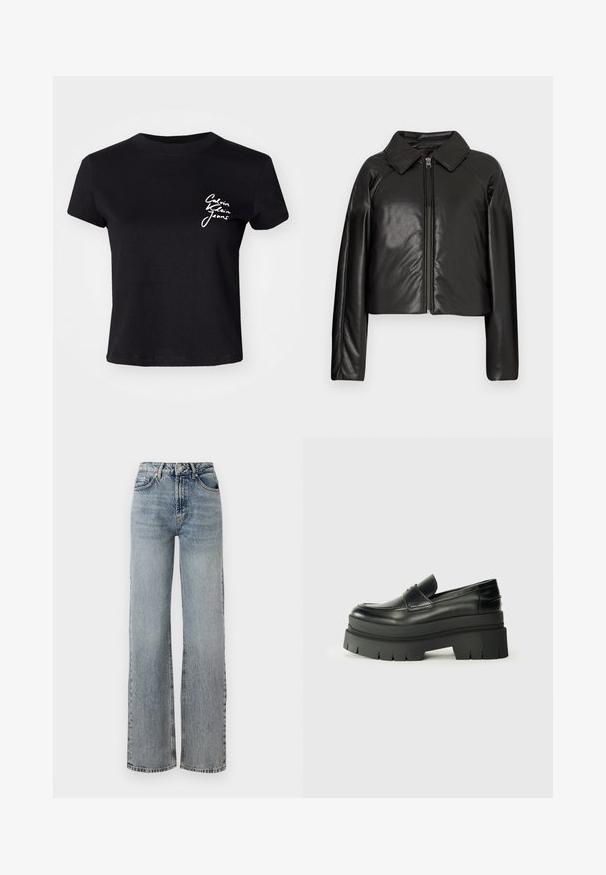 Čierna koženková skrátená bunda s golierom a zipsovým uzáverom. Má dlhé rukávy a hladký, lesklý povrch.; Čierne bavlnené tričko s krátkymi rukávmi, na ľavej časti hrude s bielym logom "Calvin Klein Jeans". Okrúhly výstrih, voľný strih.; Svetlomodré džínsy s vysokým pásom, širokým strihom, bledým povrchom a jemnými poškodenými detailmi. Klasické prevedenie s piatimi vreckami.; Čierne kožené loafers s masívnou platformou. Zaoblená špička, predný šev a jemné švy. Plošná, štruktúrovaná podrážka.