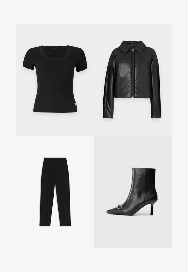 Black faux leather cropped jacket with a collared neckline and zip closure. Features long sleeves and smooth, glossy texture.; Short-sleeve black t-shirt with a scoop neckline, made from a smooth, stretchy fabric. Features a small triangular logo on the lower side.; Black trousers with a straight fit, featuring double pleats, a smooth texture, and a classic waistband design. No visible hardware or accents.; Black leather ankle boot with pointed toe, slim mid-height heel, and silver buckle detail on side against plain background.