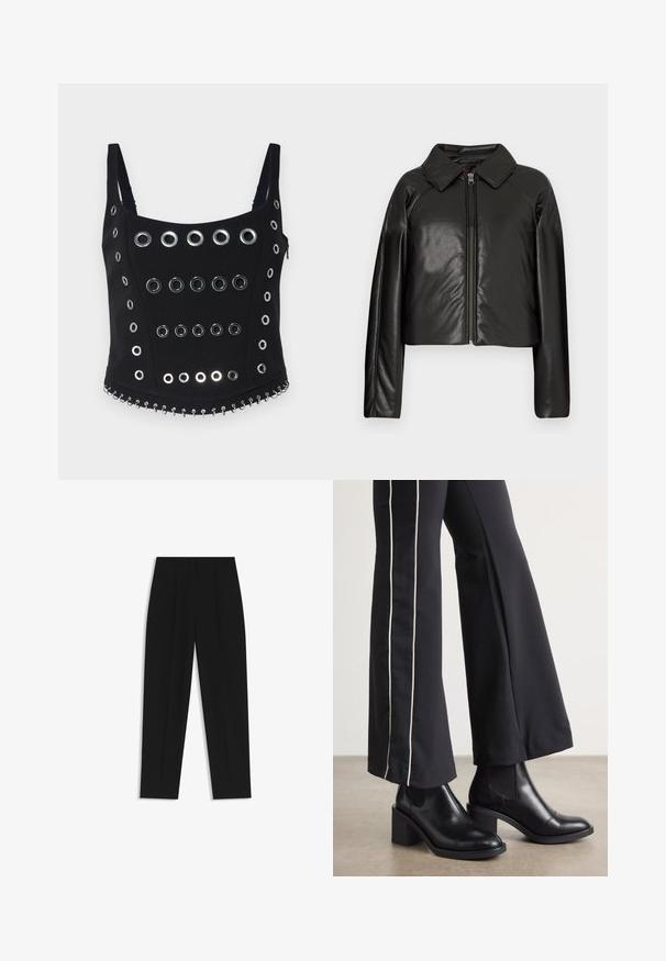 Schwarze Kunstleder-Cropped-Jacke mit Kragen und Reißverschluss. Mit langen Ärmeln und glatter, glänzender Textur.; Schwarz ärmelloses Oberteil mit mehreren silbernen Ösen, die in Reihen angeordnet sind, und einem dekorativen Kettendetail am Saum. Glattes Material.; Schwarze Hose mit geradem Schnitt, doppelten Falten, einer glatten Textur und einem klassischen Bunddesign. Keine sichtbaren Beschläge oder Akzente.; Schwarze Lederstiefeletten mit einem Blockabsatz, ausgestattet mit elastischen seitlichen Einsätzen. Kombiniert mit schwarzen Hosen, die einen weißen Seitenstreifen haben.