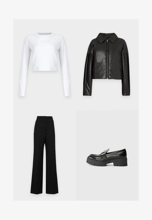 Schwarze Kunstleder-Cropped-Jacke mit Kragen und Reißverschluss. Mit langen Ärmeln und glatter, glänzender Textur.; Weißes langärmeliges Cropped-Top aus glattem Stoff, mit einem dezenten "HUGO"-Logo in Hellgrau auf der Vorderseite.; Schwarze weite Hosen mit hohem Bund, die eine glatte Textur haben und keine sichtbaren Verschlüsse oder Verzierungen aufweisen.; Schwarze Leder-Lederschuhe mit dicker Gummisohle. Merkmale einen Schnallenakzent und gestickte Details entlang des Obermaterials. Flacher Absatz.