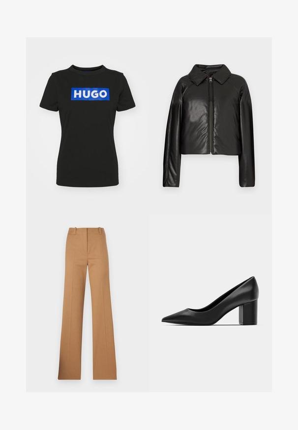 Mustast kunstnahast lühike jakk, millel on kraega kaelus ja tõmblukuga sulgemine. Omab pikki varrukaid ja sujuvat, läikivat tekstuuri.; Musta lühikeste varrukatega T-särk, mis on valmistatud puuvillast ja millel on suur sinine ristkülikukujuline graafika, kus on sõna "HUGO" valgete paksude tähtedega.; HUGO HULANA - Chino-püksid - open brown; Mustad nahast kontsad terava nina ja tülikesega ruudukujulise kontsaga. Sile tekstuur, lihtne disain, sobib ametlikeks üritusteks.