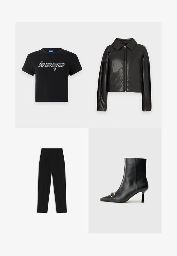 Black faux leather cropped jacket with a collared neckline and zip closure. Features long sleeves and smooth, glossy texture.; Black cropped t-shirt made of cotton, featuring a large, stylized white "hugo" logo in a graphic font. Short sleeves and round neckline.; Black trousers with a straight fit, featuring double pleats, a smooth texture, and a classic waistband design. No visible hardware or accents.; Black leather ankle boot with pointed toe, slim mid-height heel, and silver buckle detail on side against plain background.