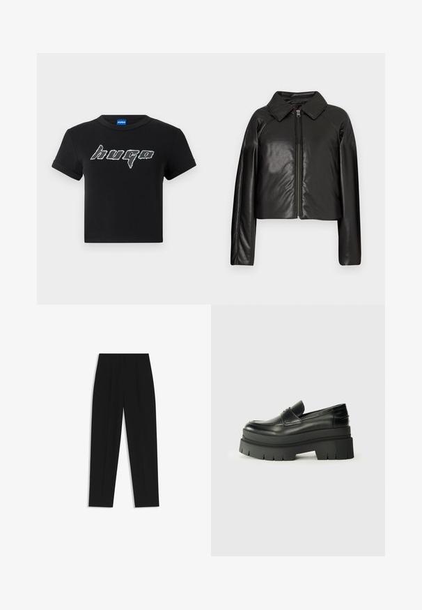 Mustat tekonahkaiset lyhyet takit, joissa on kauluksessa oleva kaulus ja vetoketjukiinnitys. Ominaisuuksiin kuuluu pitkät hihat ja sileä, kiiltävä pinta.; Mustahopeat t-paita, joka on valmistettu puuvillasta ja jossa on suuri, tyylitelty valkoinen "hugo" -logo graafisella fontilla. Lyhyet hihat ja pyöreä pääntie.; Mustat housut suoran istuvuuden kanssa, joissa on kaksinkertaiset laskokset, sileä pinta ja klassinen vyötärönauhan muotoilu. Ei näkyviä metalliosia tai koristeita.; Musta nahkakengät, joissa on muhkea pohja. Pyöristetty kärki, etusauman yksityiskohtia ja hienovaraisia ompeluaksentteja. Littee, kuvioitu ulkopohja.