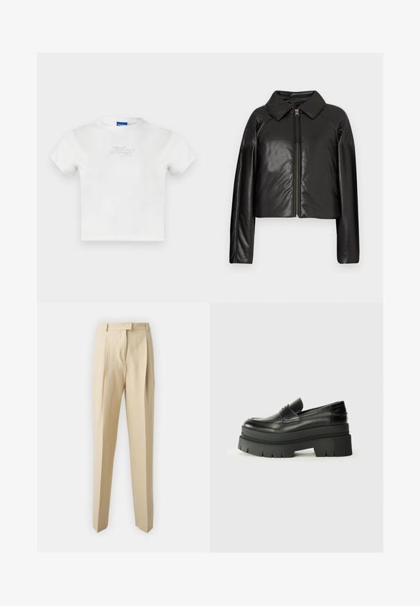 Čierna koženková skrátená bunda s golierom a zipsovým uzáverom. Má dlhé rukávy a hladký, lesklý povrch.; Biely bavlnený tričko s krátkymi rukávmi a okrúhlym výstrihom, na prednej strane so nápisom "HUGO" z kamienkov. Jednoduchý, neformálny dizajn.; Béžové nohavice na mieru so priamym strihom, s plisovaním, pásom a hladkou textúrou. Žiadne viditeľné vrecká ani ozdoby.; Čierne kožené loafers s masívnou platformou. Zaoblená špička, predný šev a jemné švy. Plošná, štruktúrovaná podrážka.