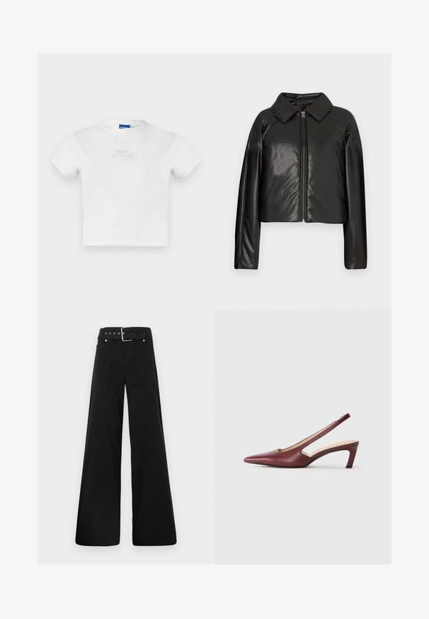 Svart, imitert skinn, cropped jakke med krage og glidelås. Har lange ermer og en jevn, glinsende overflate.; Hvitt bomullst-skjorte med korte ermer og rund halsringning som har "HUGO" i rhinestein på forsiden. Enkel, uformell design.; Sorte vidde bukser laget av bomull, med høy midje, store sidelommer og belte med sølv detaljer.; Burgunder slingback hæle med spids tå, udskårne detaljer på siden og en midt-højde blokhæle. Glat læderfinish.