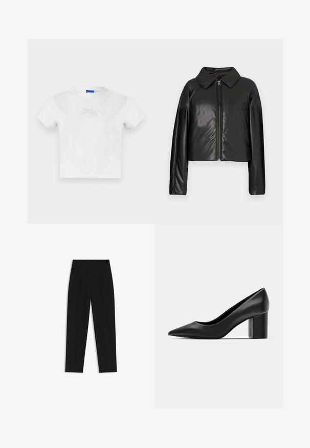 Black faux leather cropped jacket with a collared neckline and zip closure. Features long sleeves and smooth, glossy texture.; White cotton t-shirt with short sleeves and a round neckline featuring "HUGO" in rhinestones on the front. Simple, casual design.; Black trousers with a straight fit, featuring double pleats, a smooth texture, and a classic waistband design. No visible hardware or accents.; Black leather pump with a pointed toe and a chunky square heel. Smooth texture, simple design, suitable for formal settings.
