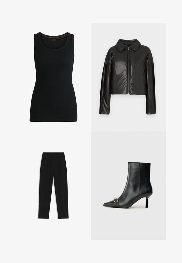 Zwarte faux leren cropped jack met een kraag en ritssluiting. Heeft lange mouwen en een soepele, glanzende textuur.; Zwart geribd tanktop met een ronde halslijn en reliëf "BOSS" logo. Kenmerkt zich door contrasterende oranje stiksels bij de hals. Zachte stoftextuur.; Zwarte broeken met een rechte pasvorm, voorzien van dubbele plooien, een zachte textuur en een klassiek taillebandontwerp. Geen zichtbare hardware of accenten.; Zwarte leren enkelboot met spitse neus, slanke middenhoge hak en zilveren gespdetail aan de zijkant op een effen achtergrond.
