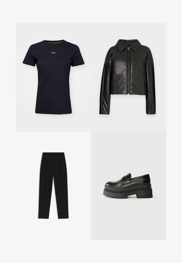 Sort kunstlæder cropped jakke med krave og lynlåslukning. Har lange ærmer og en glat, blank tekstur.; Sort bomulds t-shirt med korte ærmer og rund halsudskæring. Har hvid broderet tekst på forsiden og et orange element indeni kraven.; Sorte bukser med lige pasform, der har dobbelte folder, en glat tekstur og et klassisk taljedesign. Ingen synlige hardware eller accenter.; Sorte læder loafers med en kraftig platformsål. Rund tå, forkant-søm detalje og subtile syninger. Flad, struktureret ydersål.