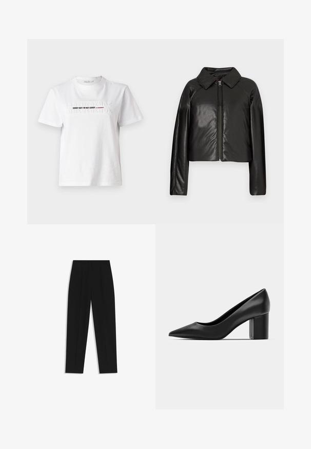 Chaqueta corta de imitación piel negra con cuello con solapa y cierre de cremallera. Presenta mangas largas y una textura suave y brillante.; Camiseta de algodón blanca con texto en relieve "LO SIENTO, PERO NO ME SIENTO MAL" en negro y rojo, mangas cortas y escote redondo.; Pantalones negros de corte recto, con doble pinza, textura suave y un diseño de cinturilla clásica. Sin hardware o acentos visibles.; Zapato de charol negro con puntera afilada y tacón cuadrado ancho. Textura suave, diseño simple, adecuado para entornos formales.