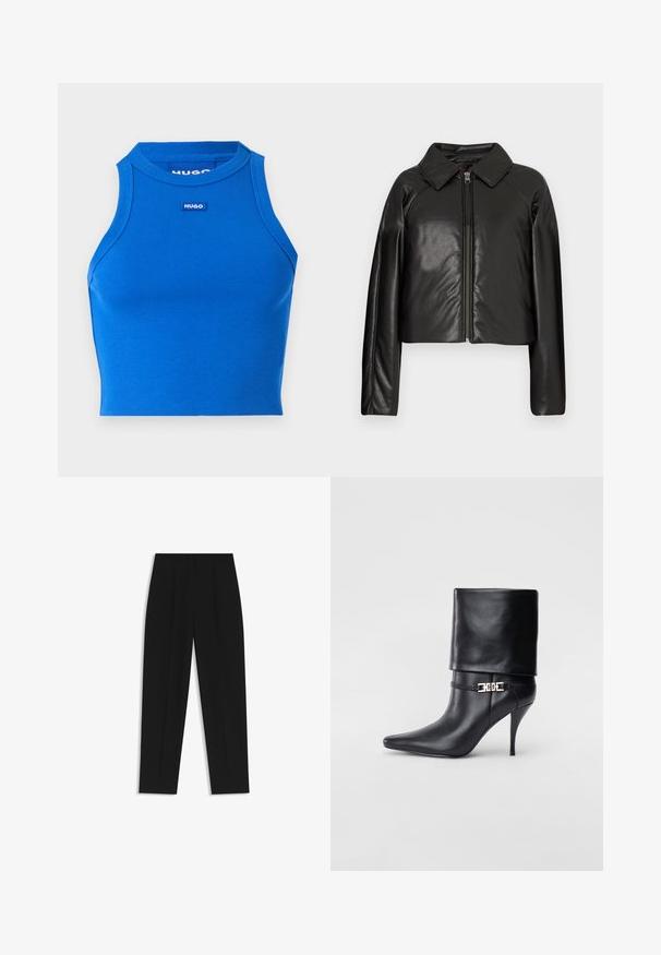 Zwarte faux leren cropped jack met een kraag en ritssluiting. Heeft lange mouwen en een soepele, glanzende textuur.; Blauw geribbeld mouwloos crop top met een hoge hals. Beschikt over een klein contrasterend merkteken in het midden. Glad textuur, getailleerd ontwerp.; Zwarte broeken met een rechte pasvorm, voorzien van dubbele plooien, een zachte textuur en een klassiek taillebandontwerp. Geen zichtbare hardware of accenten.; Zwarte leren enkelboot met een spitse neus, hoge stilettohak, opgevouwen manchet en een gouden decoratieve gespdetails op de enkel.