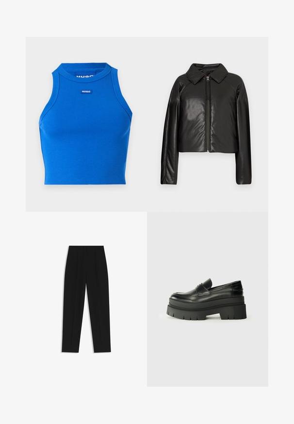 Black faux leather cropped jacket with a collared neckline and zip closure. Features long sleeves and smooth, glossy texture.; Blue ribbed sleeveless crop top with a high neckline. Features a small contrasting brand logo in the center. Smooth texture, form-fitting design.; Black trousers with a straight fit, featuring double pleats, a smooth texture, and a classic waistband design. No visible hardware or accents.; Black leather loafers with a chunky platform sole. Rounded toe, front seam detail, and subtle stitching accents. Flat, textured outsole.