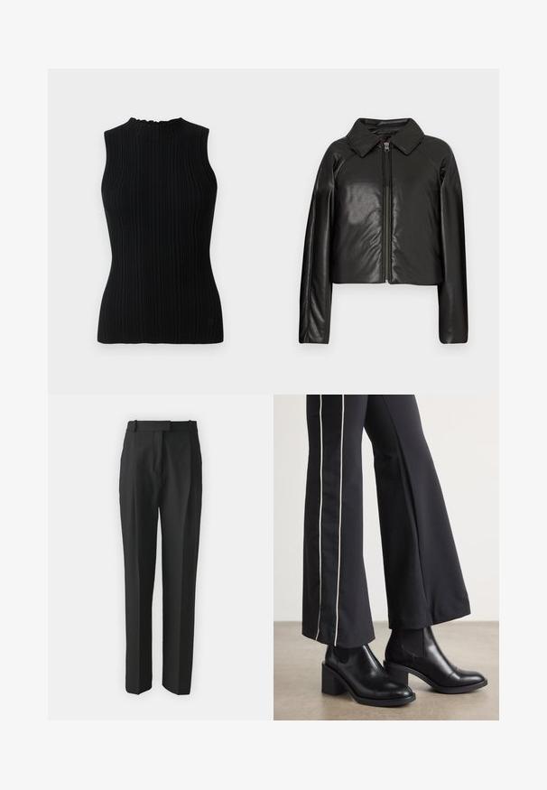 Juodas dirbtinės odos trumpas švarkas su koloratu ir užtrauktuku. Turi ilgomis rankovėmis ir lygią, blizgią tekstūrą.; Juoda berankovė megzta palaidinė su iškiliais raštais ir aukštu kaklu. Pasižymi prigludusia siluetu ir minimalizmo dizainu.; Juodi pritaikyti kelnes pagamintos iš lengvos medžiagos, turinčios tiesų kirpimą, plokščią priekinę dalį ir diržo kilpas. Lygus paviršius be matomų raštų.; Juodi odiniai auliniai batai su plataus bloko kulnu, turintys elastines šonines dalis. Sukomplektuoti su juodomis kelnėmis, turinčiomis baltą šoninės juostą.