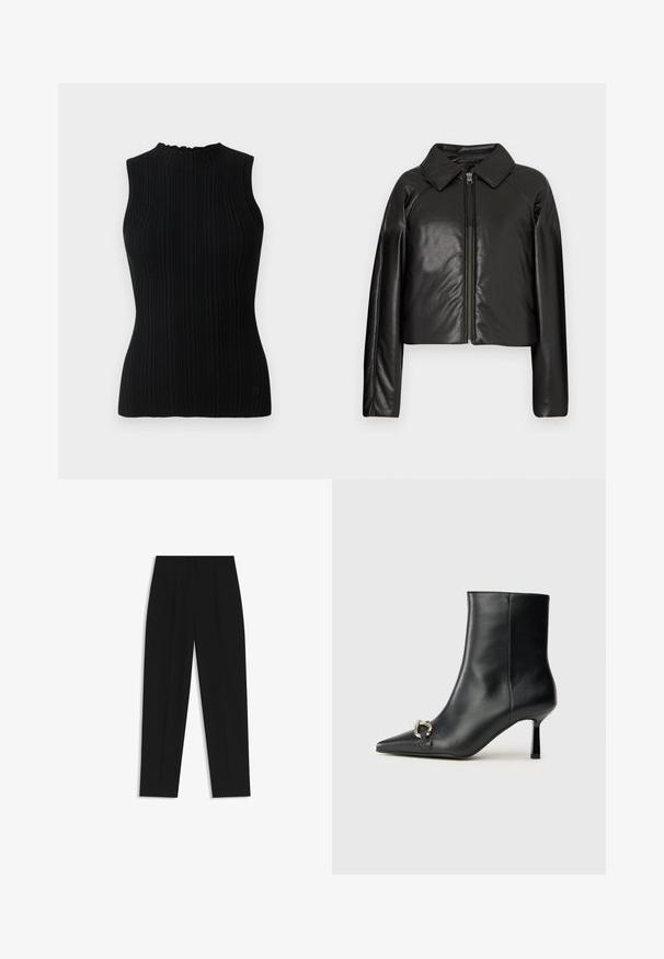 Czarna krótka kurtka z sztucznej skóry z kołnierzykiem i zapięciem na zamek. Posiada długie rękawy oraz gładką, błyszczącą fakturę.; Czarny bezrękawnik z dzianiny o prążkowanej fakturze i wysokim kołnierzu. Posiada dopasowany krój i minimalistyczny design.; Czarne spodnie o prostym kroju, z podwójnymi zakładkami, gładką teksturą i klasycznym krojem w talii. Bez widocznych elementów metalowych ani akcentów.; Czarny skórzany botek za kostkę z szpiczastym noskiem, smukłym średnim obcasem i srebrnym zapięciem po boku na jednolitym tle.