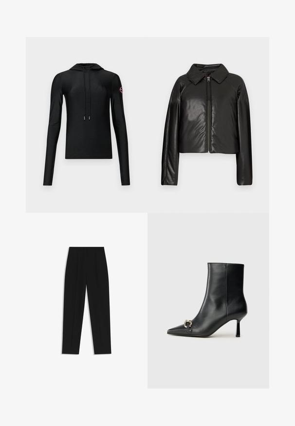 Black faux leather cropped jacket with a collared neckline and zip closure. Features long sleeves and smooth, glossy texture.; Black hooded long-sleeve top with a fitted design, featuring a front drawstring and a round logo patch in pink on the right sleeve.; Black trousers with a straight fit, featuring double pleats, a smooth texture, and a classic waistband design. No visible hardware or accents.; Black leather ankle boot with pointed toe, slim mid-height heel, and silver buckle detail on side against plain background.