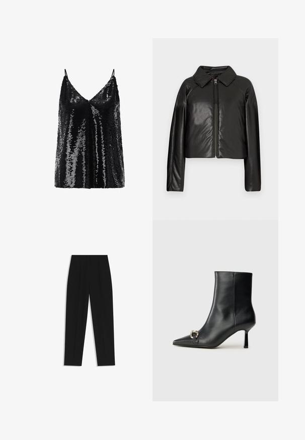 Schwarze Kunstleder-Cropped-Jacke mit Kragen und Reißverschluss. Mit langen Ärmeln und glatter, glänzender Textur.; Schwarzes Paillettentop mit V-Ausschnitt und verstellbaren Spaghetti-Trägern, das eine schimmernde, strukturierte Oberfläche aufweist.; Schwarze Hose mit geradem Schnitt, doppelten Falten, einer glatten Textur und einem klassischen Bunddesign. Keine sichtbaren Beschläge oder Akzente.; Schwarze Leder-Stiefelette mit spitzer Zehe, schlankem, mittelhohem Absatz und silberner Schnalle seitlich vor einem schlichten Hintergrund.