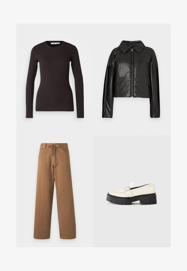 Juodas dirbtinės odos trumpas švarkas su koloratu ir užtrauktuku. Turi ilgomis rankovėmis ir lygią, blizgią tekstūrą.; Ilga rankovė juoda palaidinė, pagaminta iš minkštos, tamprios medžiagos. Ji turi apvalią iškirptę ir liesą siluetą, su lygiu paviršiumi ir jokių matomų raštų.; Rudos plačios kojos kelnės, pagamintos iš medvilnės, su raišteliu liemenyje ir dviem priekinėmis kišenėmis. Tekstūruota medžiaga su lygia apdaila.; Baltas odinis loaferis su storu juodu platforminiu padu, turintis stačiakampį sidabrinį sagtį ir matomu siuvimo ornamentu ant viršaus.