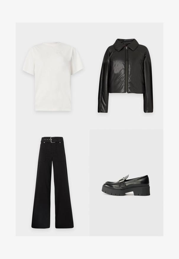 Fekete műbőr cropped dzseki galléros nyakkal és cipzárral. Hosszú ujjú, sima és fényes textúrával rendelkezik.; Fehér pamut póló kerek nyakkal, rövid ujjakkal és finoman domborított logóval a mellkasán. Sima textúrájú és laza szabású.; Fekete, bő szárú nadrág, pamutból készült, magas derékkal, nagy oldalsó zsebekkel és ezüst színű hardverelemekkel ellátott övvel.; Fekete bőr loaferek masszív gumi talppal. Csattal díszített és varrott részletekkel a felső részen. Lapostalpú.
