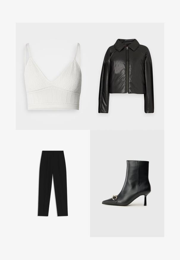 Schwarze Kunstleder-Cropped-Jacke mit Kragen und Reißverschluss. Mit langen Ärmeln und glatter, glänzender Textur.; Weißes Spitzen-Bralette mit dreieckiger Form, ausgestattet mit strukturiertem Obermaterial und einem gerippten Elastikband, verstellbaren Trägern und einer glatten Oberfläche.; Schwarze Hose mit geradem Schnitt, doppelten Falten, einer glatten Textur und einem klassischen Bunddesign. Keine sichtbaren Beschläge oder Akzente.; Schwarze Leder-Stiefelette mit spitzer Zehe, schlankem, mittelhohem Absatz und silberner Schnalle seitlich vor einem schlichten Hintergrund.