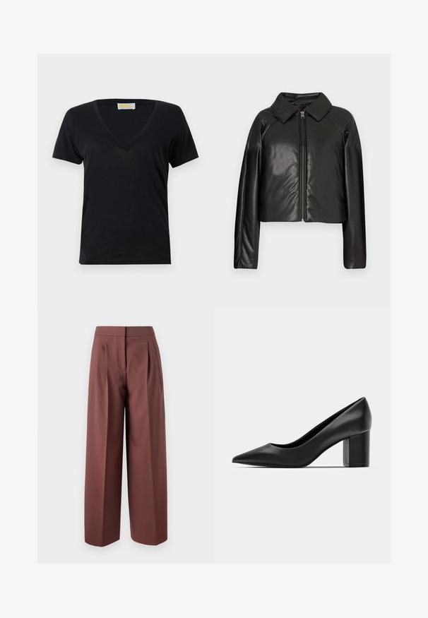 Jachetă cropped din faux leather negru, cu guler și închidere cu fermoar. Prezintă mâneci lungi și o textură netedă, lucioasă.; Tricou negru cu decolteu în V, realizat dintr-un material moale și ușor. Mâneci scurte și un design simplu, fără modele sau accente.; Pantaloni largi maro cu talie înaltă, având pliseuri în față, design ajustat și textură de țesătură netedă.; Cizmă din piele neagră, cu vârf ascuțit și toc pătrat masiv. Textură netedă, design simplu, potrivit pentru setări formale.