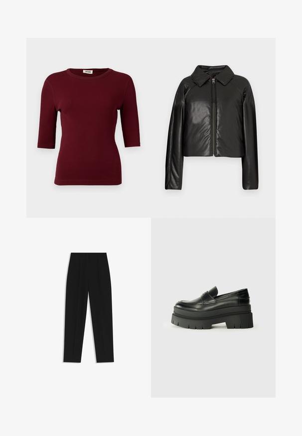 Schwarze Kunstleder-Cropped-Jacke mit Kragen und Reißverschluss. Mit langen Ärmeln und glatter, glänzender Textur.; Bordeauxrotes, geripptes T-Shirt mit kurzen Ärmeln, rundem Ausschnitt und figurbetontem Schnitt. Glatte Textur mit dezenten Nahtdetails an den Nähten.; Schwarze Hose mit geradem Schnitt, doppelten Falten, einer glatten Textur und einem klassischen Bunddesign. Keine sichtbaren Beschläge oder Akzente.; Schwarze Lederloafer mit einer klobigen Plateausohle. Abgerundete Spitze, Nahtdetail auf der Vorderseite und dezente Nähte. Flache, strukturierte Außensohle.