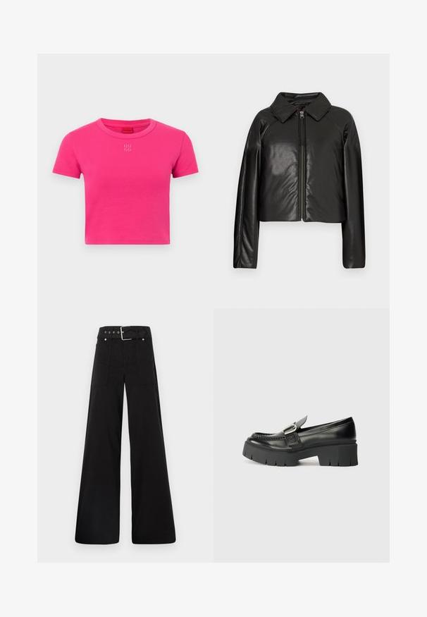 Černá faux kůže zkrácená bunda s límečkem a zipem. Obsahuje dlouhé rukávy a hladký, lesklý povrch.; Přiléhavé tričko s krátkým rukávem v živé růžové barvě z bavlny. Má kulatý výstřih a subtilní bílé vyšívané logo "HUGO" na přední straně.; Černé široké kalhoty vyrobené z bavlny, s vysokým pasem, velkými bočními kapsami a opaskem s kovovými akcenty v barvě stříbra.; Černé kožené mokasíny s bytelnou gumovou podrážkou. Mají ozdobu v podobě přezky a prošívání po obvodu svršku. Rovný podpatek.
