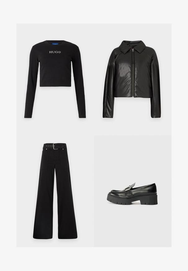 Svart, imitert skinn, cropped jakke med krage og glidelås. Har lange ermer og en jevn, glinsende overflate.; Svart, kortermet langermet skjorte laget av bomull, med rund hals og et frontlogo i hvitt med et smilende ansikt.; Sorte vidde bukser laget av bomull, med høy midje, store sidelommer og belte med sølv detaljer.; Sorte skinnloafers med en kraftig gummisåle. Har et spenneaksent og broderte detaljer langs overdelen. Flat hel.