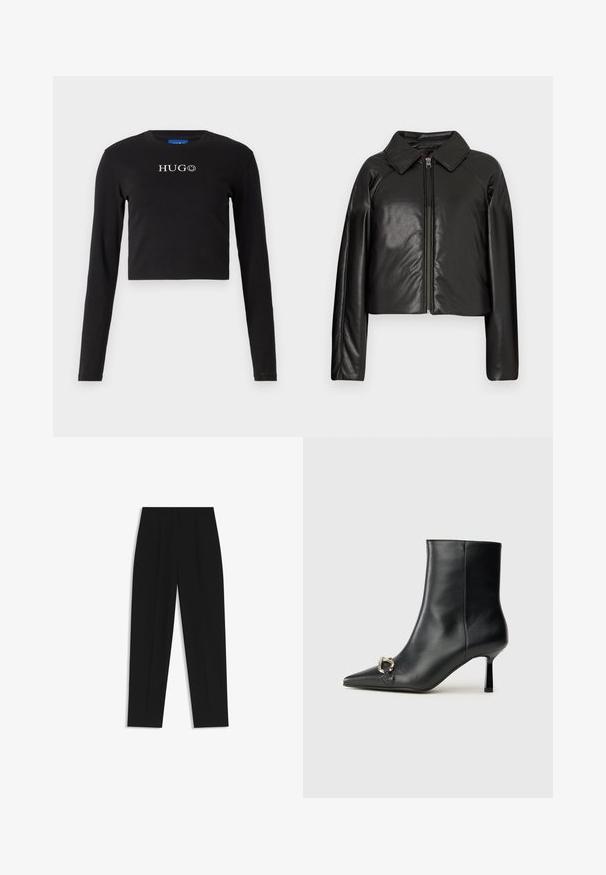 Mustat tekonahkaiset lyhyet takit, joissa on kauluksessa oleva kaulus ja vetoketjukiinnitys. Ominaisuuksiin kuuluu pitkät hihat ja sileä, kiiltävä pinta.; Mustapaitapusero pitkähihaisena, valmistettu puuvillasta, pyöreällä pääntiellä ja valkoisella etulogolla, jossa on hymynaama.; Mustat housut suoran istuvuuden kanssa, joissa on kaksinkertaiset laskokset, sileä pinta ja klassinen vyötärönauhan muotoilu. Ei näkyviä metalliosia tai koristeita.; Musta nahkasaapas nilkkapituisilla, terävillä kärjillä, hoikalla keskipituisella korolla ja hopeavöillä sivussa yksinkertaista taustaa vasten.