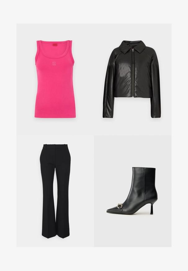 Chaqueta corta de imitación piel negra con cuello con solapa y cierre de cremallera. Presenta mangas largas y una textura suave y brillante.; Top de tirantes rosa ajustado hecho de una suave tela de algodón, con un escote curvado y un pequeño logo "HUGO" en blanco en el centro delantera.; Pantalones negros con pliegues y diseño de pierna recta, fabricados en una tela suave. Presentan una cintura alta y bolsillos laterales invisibles.; Botín negro de cuero hasta el tobillo con punta afilada, tacón delgado de altura media y detalle de hebilla plateada en el lateral, sobre un fondo liso.