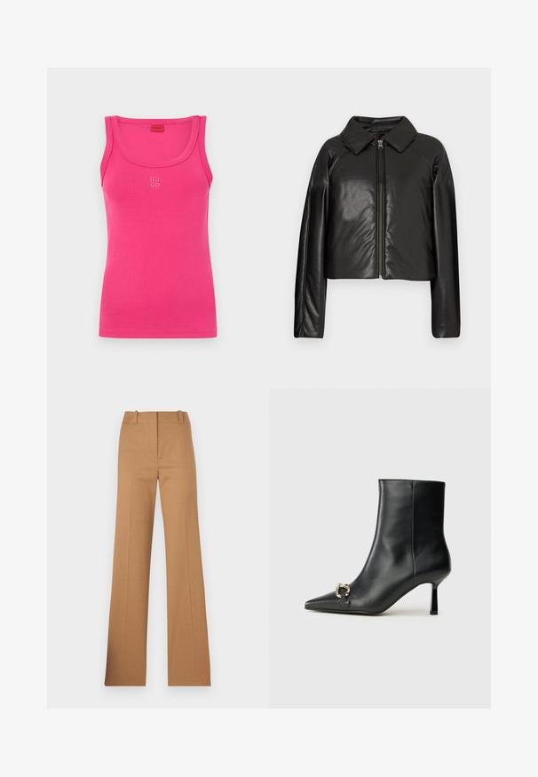 Črna jakna iz umetnega usnja s kratkim krojem, z ovratnikom in zadrgo. Ima dolge rokave in gladko, sijajno teksturo.; Prilagojen roza top brez rokavov, narejen iz gladkega bombažnega blaga, z ukrivljenim dekoltejem in majhnim belim logotipom "HUGO" na sredini spredaj.; HUGO HULANA - Hlače chino - open brown; Črne usnjene gležnjarje s koničastim nosom, ozkim srednjem petam in srebrno zaponko na strani na enobarvni podlagi.