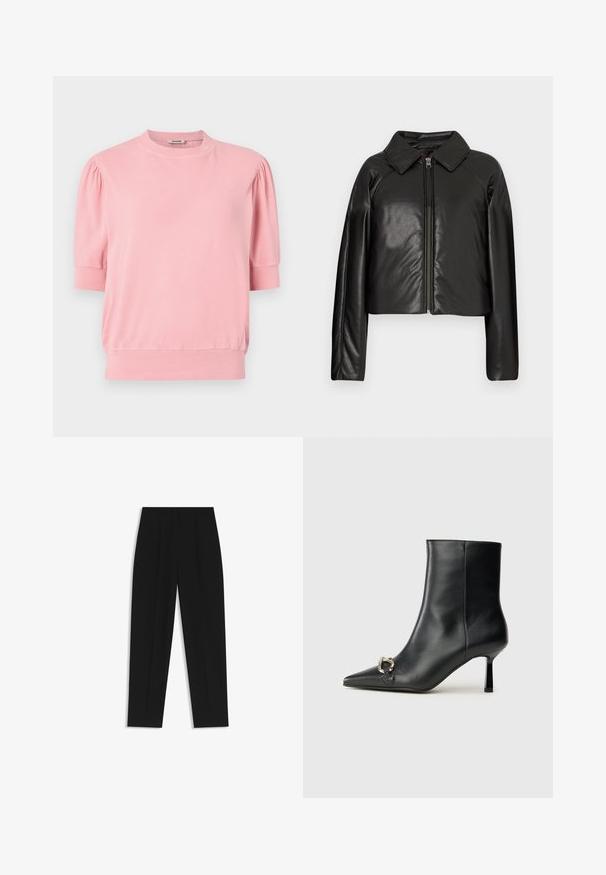 Svart imitationläder kortjacka med krage och dragkedjestängning. Har långa ärmar och en slät, glänsande yta.; Rosa kortärmad topp i mjukt tyg, med rund halsringning och puffärmar, samt en åtsittande nederkant.; Svarta byxor med rak passform, med dubbla fickor, en slät yta och en klassisk midje-design. Ingen synlig hårdvara eller detaljer.; Svart läderankelboot med spetsig tå, smal medelhög klack och silverfärgad spänndetalj på sidan mot en enfärgad bakgrund.