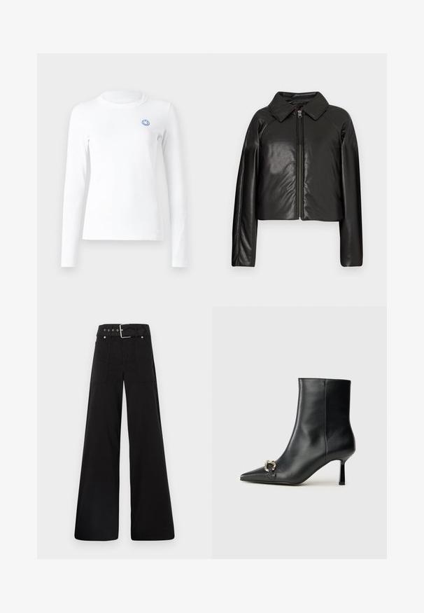 Black faux leather cropped jacket with a collared neckline and zip closure. Features long sleeves and smooth, glossy texture.; Long-sleeve white shirt made of soft fabric with a round neckline and a small blue smiling face embroidered on the left chest.; Black wide-leg trousers made from cotton, featuring a high waist, large side pockets, and a belted waist with silver hardware accents.; Black leather ankle boot with pointed toe, slim mid-height heel, and silver buckle detail on side against plain background.