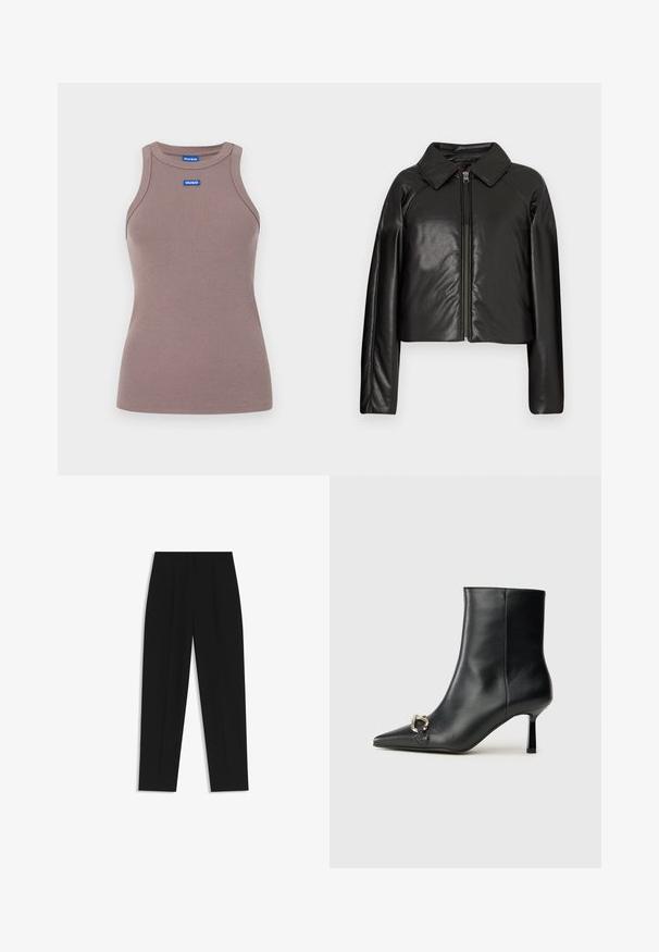 Schwarze Kunstleder-Cropped-Jacke mit Kragen und Reißverschluss. Mit langen Ärmeln und glatter, glänzender Textur.; Brauner Rippentop mit Rundhalsausschnitt, ärmellosem Design und kleinem blauen Logoetikett auf der Vorderseite. Glatte Textur, taillierte Form.; Schwarze Hose mit geradem Schnitt, doppelten Falten, einer glatten Textur und einem klassischen Bunddesign. Keine sichtbaren Beschläge oder Akzente.; Schwarze Leder-Stiefelette mit spitzer Zehe, schlankem, mittelhohem Absatz und silberner Schnalle seitlich vor einem schlichten Hintergrund.