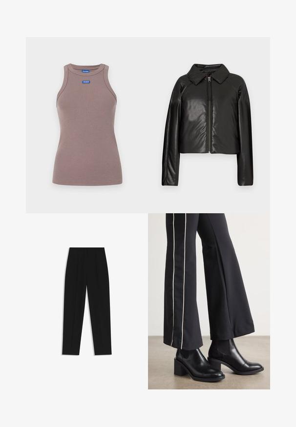 Giacca cropped nera in ecopelle con colletto e chiusura a zip. Caratterizzata da maniche lunghe e una texture liscia e lucida.; Top aderente marrone a costine con scollatura rotonda, senza maniche, e una piccola etichetta blu sul davanti. Texture liscia, forma aderente.; Pantaloni neri a taglio dritto, con doppie pieghe, una texture liscia e un design classico in vita. Nessun hardware o dettaglio visibile.; Stivaletti in pelle nera con tacco a blocco, dotati di pannelli elastici sui lati. Abbinati a pantaloni neri con una striscia bianca laterale.