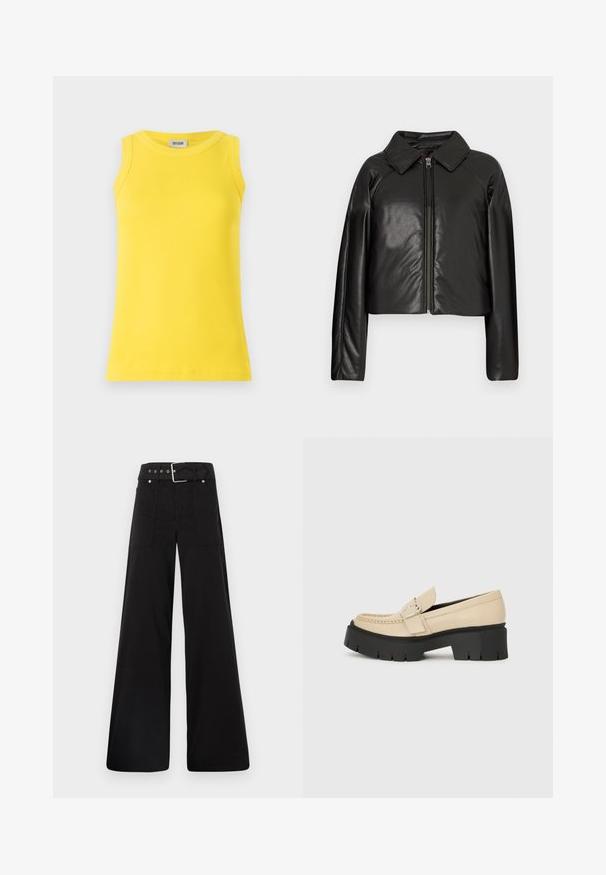 Black faux leather cropped jacket with a collared neckline and zip closure. Features long sleeves and smooth, glossy texture.; Yellow sleeveless tank top made from ribbed fabric, featuring a round neckline and a fitted shape. Label shows "DRYKORN."; Black wide-leg trousers made from cotton, featuring a high waist, large side pockets, and a belted waist with silver hardware accents.; Beige leather loafers with black chunky sole, featuring a decorative buckle and stitching detail on the front. Side view.