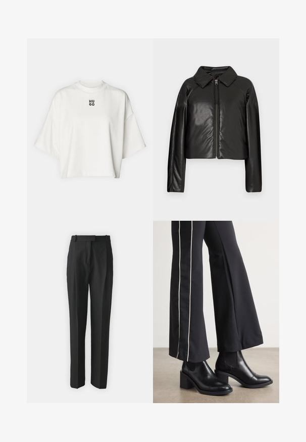 Melnā mākslīgā āda īsā jaka ar apkakles apkakli un rāvējslēdzēja aizdari. Iespējas garas piedurknes un gluda, spīdīga tekstūra.; Balta īsā krekls ar mīkstu audumu, ar apaļu dekoltē un īsām, plašām piedurknēm. Centrā melns „HUGO” logo biezā fontā.; Melnas pielāgotas bikses, izgatavotas no viegla auduma, ar taisnu griezumu, plakanu fronti un jostām. Gluda tekstūra bez redzamām rakstām.; Melnas ādas potīšu zābaki ar blokveida papēdi, aprīkoti ar elastīgām sānu paneļiem. Kombinēti ar melniem biksēm, kuru sānos ir baltas svītras.