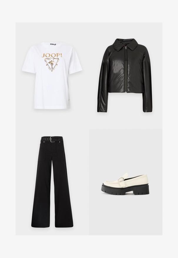 Černá faux kůže zkrácená bunda s límečkem a zipem. Obsahuje dlouhé rukávy a hladký, lesklý povrch.; Bílý bavlněný tričko s logem z zlatých flitrů a květinovým designem uvnitř tvaru štítu na přední straně. Krátké rukávy a kulatý výstřih.; Černé široké kalhoty vyrobené z bavlny, s vysokým pasem, velkými bočními kapsami a opaskem s kovovými akcenty v barvě stříbra.; Bílé kožené mokasíny s robustní černou platformou, vybavené obdélníkovou stříbrnou sponou a viditelným švem na svršku.