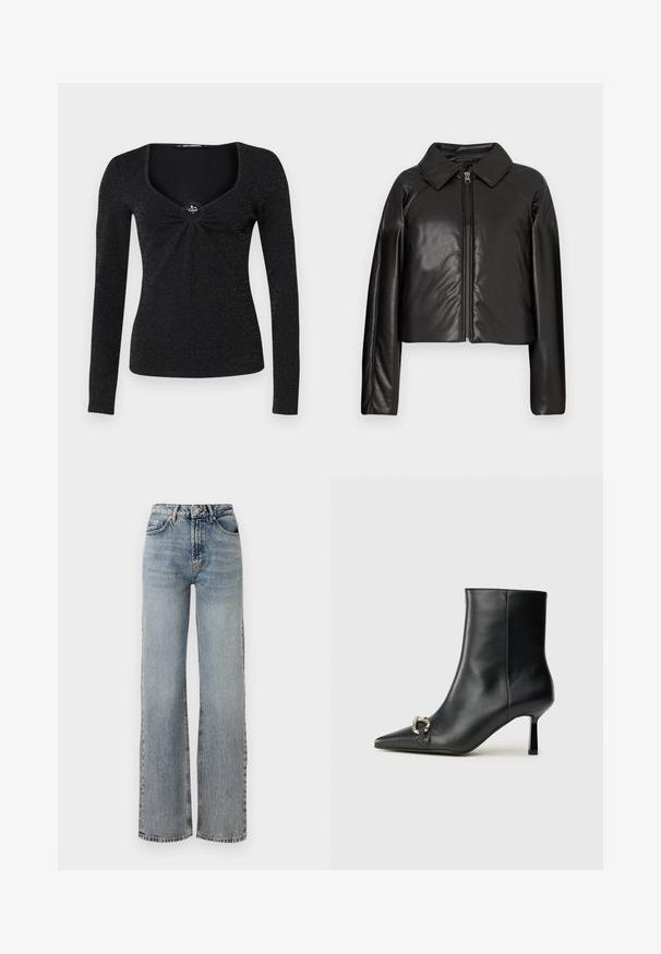 Melnā mākslīgā āda īsā jaka ar apkakles apkakli un rāvējslēdzēja aizdari. Iespējas garas piedurknes un gluda, spīdīga tekstūra.; Melna garām piedurknēm krekls ar kvadrātveida kaklu, ar savilktu detaļu centrā un dekoratīvu akcentu. Audumam ir smalka spīduma.; Gaiši zili džinsus ar augstu jostasvietu, platām kājām, izbalējušu apdari un pavisam nedaudz nolietojumu detaļām. Klasisks piecu kabatu dizains.; Melnā ādas potīšu zābaku ar smailu purngalu, šauru vidēja augstuma papēdi un sudraba sprādzi sānos uz vienkrāsaina fona.