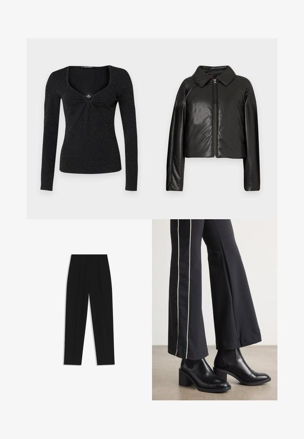 Schwarze Kunstleder-Cropped-Jacke mit Kragen und Reißverschluss. Mit langen Ärmeln und glatter, glänzender Textur.; Schwarzes Langarmoberteil mit quadratischem Ausschnitt, das in der Mitte mit gathered Details und einem dekorativen Akzent versehen ist. Der Stoff hat einen subtilen Glanz.; Schwarze Hose mit geradem Schnitt, doppelten Falten, einer glatten Textur und einem klassischen Bunddesign. Keine sichtbaren Beschläge oder Akzente.; Schwarze Lederstiefeletten mit einem Blockabsatz, ausgestattet mit elastischen seitlichen Einsätzen. Kombiniert mit schwarzen Hosen, die einen weißen Seitenstreifen haben.