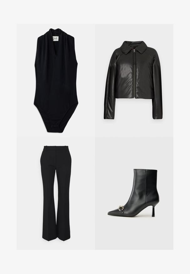 Zwarte faux leren cropped jack met een kraag en ritssluiting. Heeft lange mouwen en een soepele, glanzende textuur.; Zwarte mouwloze bh-Body met een diepe V-hals en een geplooid detail bij de kraag. Gemaakt van gladde, rekbare stof. Minimalistisch ontwerp.; Zwarte geplooide broek met een recht model, gemaakt van een gladde stof. Heeft een hoge taille en onzichtbare zijzakken.; Zwarte leren enkelboot met spitse neus, slanke middenhoge hak en zilveren gespdetail aan de zijkant op een effen achtergrond.